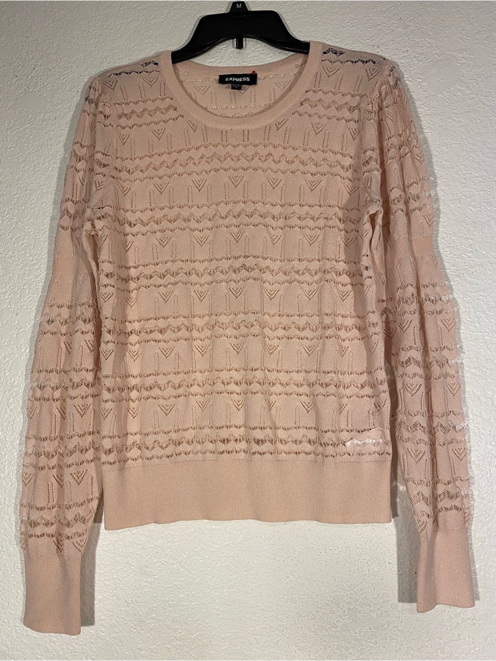 Express Women's Light Blush Open-Knit Crewneck Sweater